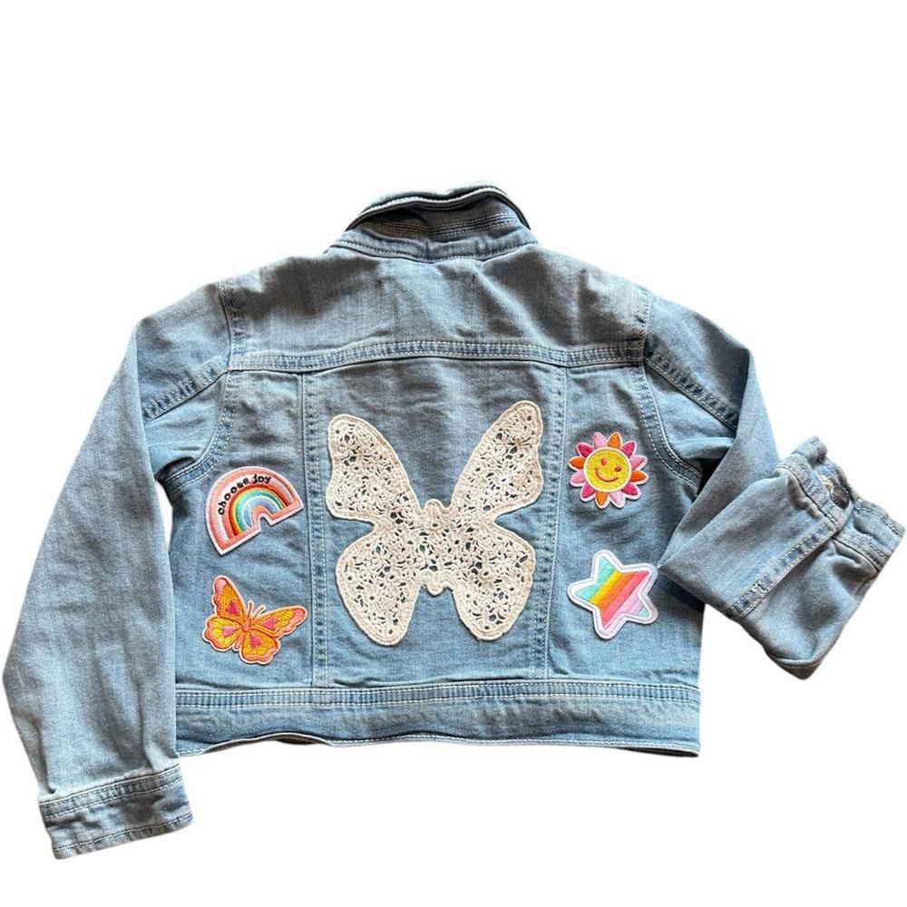 ☮️Upcycled Girls Denim Jacket Butterfly Patch Vintage Style Boho Kids